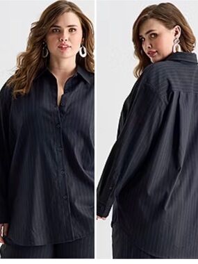 NWT Ashley Graham Navy Pinstripe Oversized Button Down Shirt